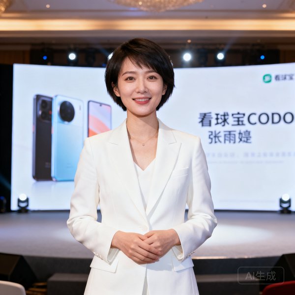 看球宝COO张雨婷的圆形头像照片，她留着干练短发，身着白色西装，站在产品发布会舞台上。