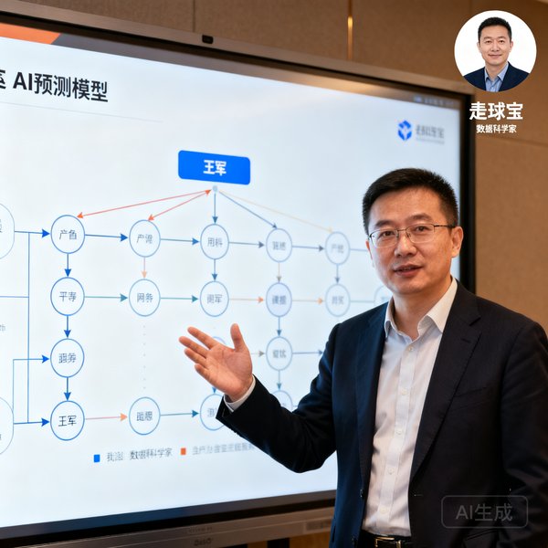看球宝首席数据科学家王军的圆形头像照片，他正在大屏幕前讲解AI预测模型的数据流程图。